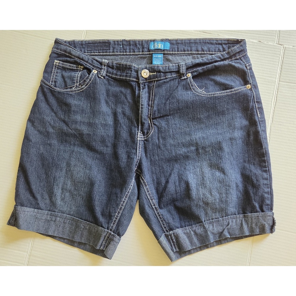 DKIN Women's Denim Blue Jean Bermuda Shorts Cuffed Embellished Pockets Size 16W